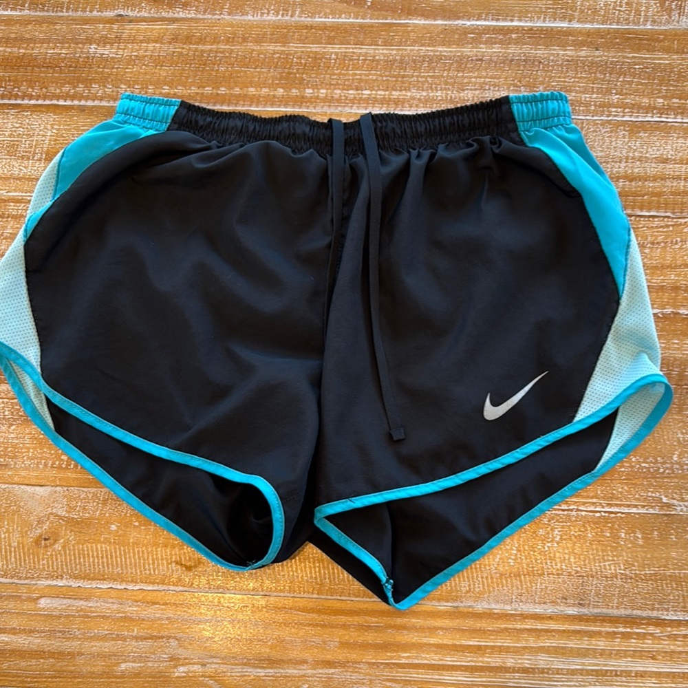 Nike Black and Blue Athletic Shorts with Curved Hem